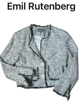 VINTAGE 90s EMIL RUTENBERG SILK TWEED FRINGE BLAZER CHANEL STYLE CROPPED JACKET